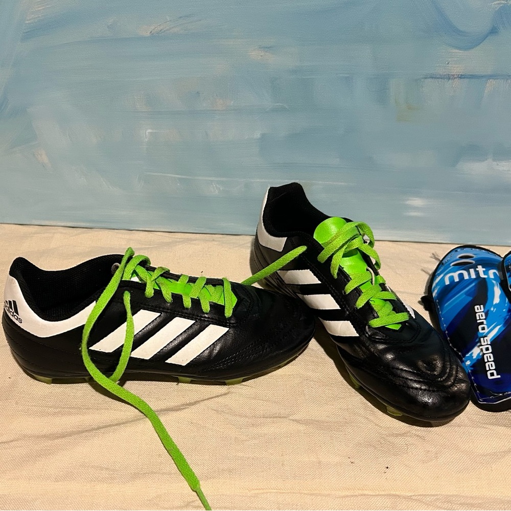 Boys’ Adidas Black and White Cleats with Neon Green Laces